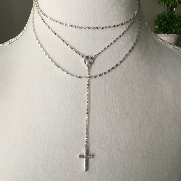 Cross Necklace Delicate 3-Chain Silver-Tone Waterfall Rosary Style Boho Feminine - Picture 8 of 8